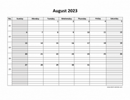 Printable August 2023 Calendar, large box grid, space for notes (horizontal)
