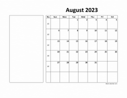 Printable August 2023 Calendar, large box, Federal Holidays listed, space for notes (horizontal)