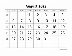 Printable August 2023 Calendar, large font design , holidays on red (horizontal)
