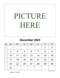 Printable December 2023 Calendar, pictures can be placed at the top