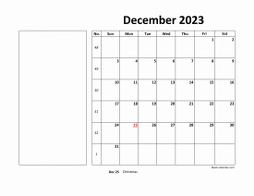 Printable December 2023 Calendar, large box, Federal Holidays listed, space for notes (horizontal)