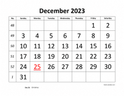 Printable December 2023 Calendar, large font design , holidays on red (horizontal)