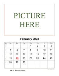Printable February 2023 Calendar, pictures can be placed at the top