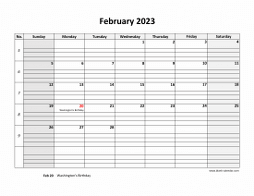 Printable February 2023 Calendar, large box grid, space for notes (horizontal)