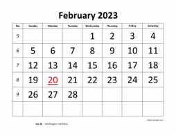 Printable February 2023 Calendar, large font design , holidays on red (horizontal)