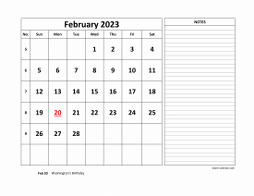 Printable February 2023 Calendar, large space for appointment and notes (horizontal)