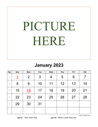 Printable January 2023 Calendar, pictures can be placed at the top (vertical)