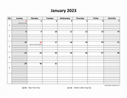 Printable January 2023 Calendar, large box grid, space for notes (horizontal)