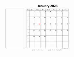 Printable January 2023 Calendar, large box, Federal Holidays listed, space for notes (horizontal)