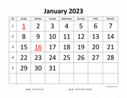 Printable January 2023 Calendar, large font design , holidays on red (horizontal)
