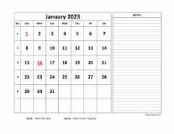 Printable January 2023 Calendar, large space for appointment and notes (horizontal)