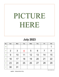 Printable July 2023 Calendar, pictures can be placed at the top