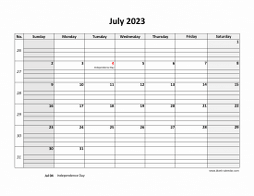 Printable July 2023 Calendar, large box grid, space for notes (horizontal)