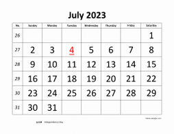 Printable July 2023 Calendar, large font design , holidays on red (horizontal)