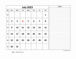 Printable July 2023 Calendar, large space for appointment and notes (horizontal)