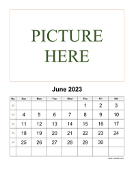 Printable June 2023 Calendar, pictures can be placed at the top