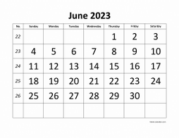 Printable June 2023 Calendar, large font design , holidays on red (horizontal)
