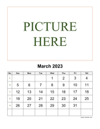 Printable March 2023 Calendar, pictures can be placed at the top