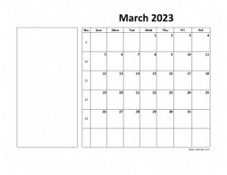 Printable March 2023 Calendar, large box, Federal Holidays listed, space for notes (horizontal)
