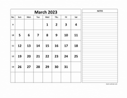 Printable March 2023 Calendar, large space for appointment and notes (horizontal)
