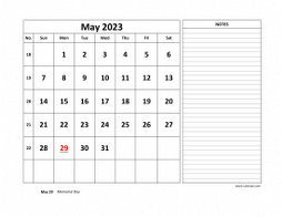 May 2023 printable calendar, large space for appointment and notes