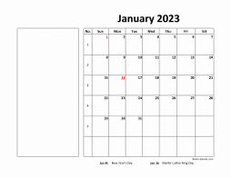 Printable Calendar 2023, large box, Federal Holidays listed, space for notes (12 pages, horizontal)
