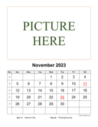 Printable November 2023 Calendar, pictures can be placed at the top (vertical)