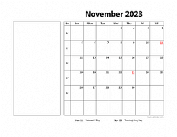 Printable November 2023 Calendar, large box, Federal Holidays listed, space for notes (horizontal)