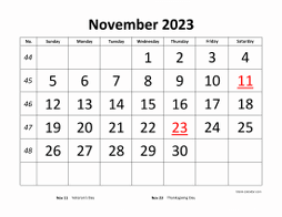 Printable November 2023 Calendar, large font design , holidays on red (horizontal)