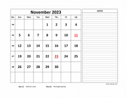 Printable November 2023 Calendar, large space for appointment and notes (horizontal)