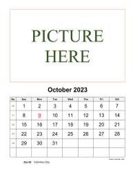 Printable October 2023 Calendar, pictures can be placed at the top (vertical)