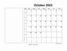 Printable October 2023 Calendar, large box, Federal Holidays listed, space for notes (horizontal)