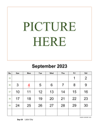 Printable September 2023 Calendar, pictures can be placed at the top (vertical)