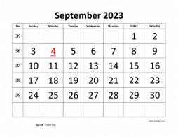 Printable September 2023 Calendar, large font design , holidays on red (horizontal)