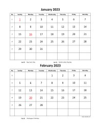 Printable Calendar 2023, 2 months per page, 6 pages (vertical)