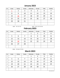 Printable Calendar 2023, 3 months per page, 4 pages (vertical)