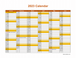 Printable Calendar 2023, month in a column (two pages, half a year per page, horizontal)