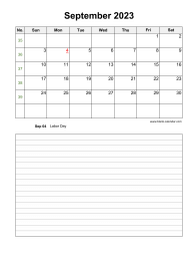 September 2023 Blank Calendar (vertical, space for notes)