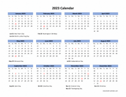 Blank Calendar 2023 (US Holidays, one page, horizontal)
