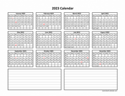 Blank Calendar 2023 (one page, horizontal, space for notes)