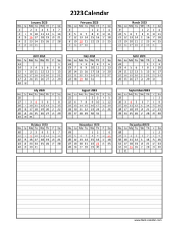 Blank Calendar 2023 (one page, vertical, space for notes)