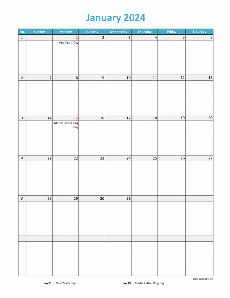 Free Download 2024 Excel Calendar, full page table grid, US holidays ...