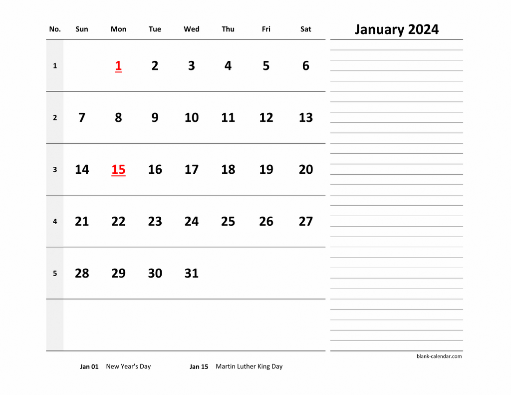 Free Download 2024 Excel Calendar Large Space for Notes (horizontal)