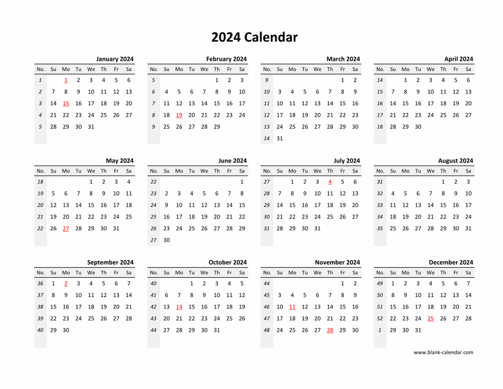 Yearly 2024 Calendars