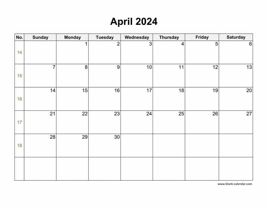 Download April 2024 Blank Calendar With Us Holidays Horizontal