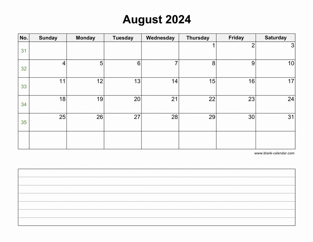 Download August 2024 Blank Calendar with Space for Notes (horizontal)