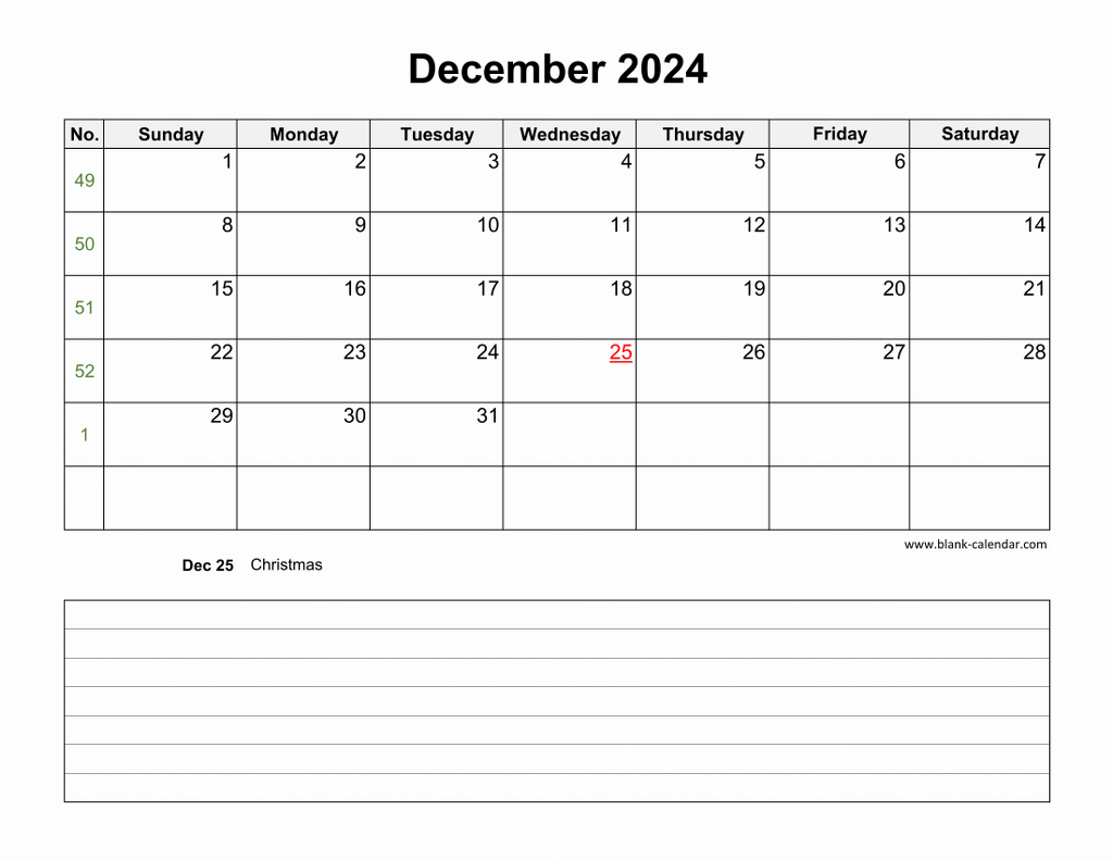 Download December 2024 Blank Calendar with Space for Notes (horizontal)