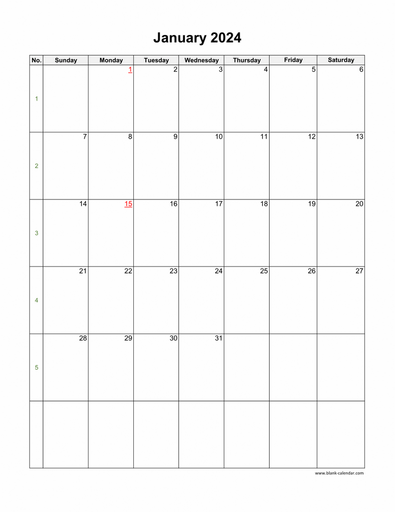 Download January 2024 Blank Calendar (vertical)