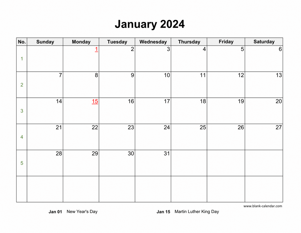 Download January 2024 Blank Calendar with US Holidays (horizontal)
