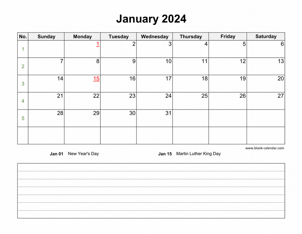Calendar With Notes 2024 Printable Kori Shalna